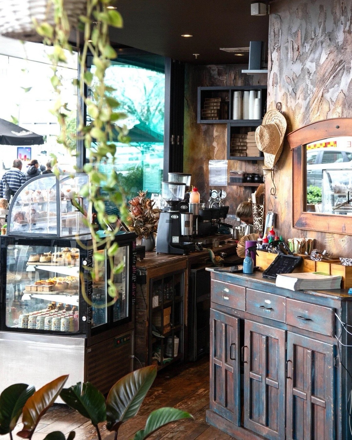Inside Haig St Cafe with golden walls, recycled timber counters, cake cabinet and greenery